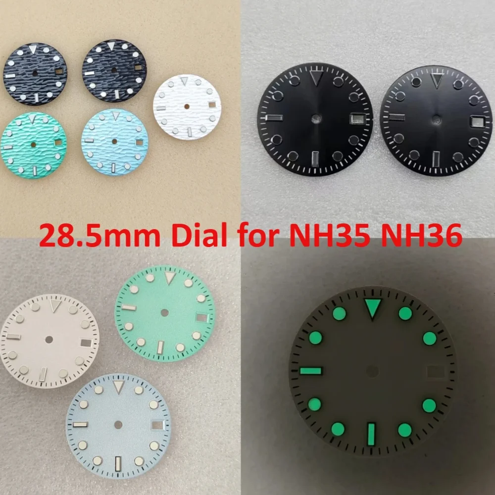 

NH35 28.5mm Water Wave Texture Green Lume Black Matte Sunburst Watch Dial for NH35/NH36 Automatic Movement Parts