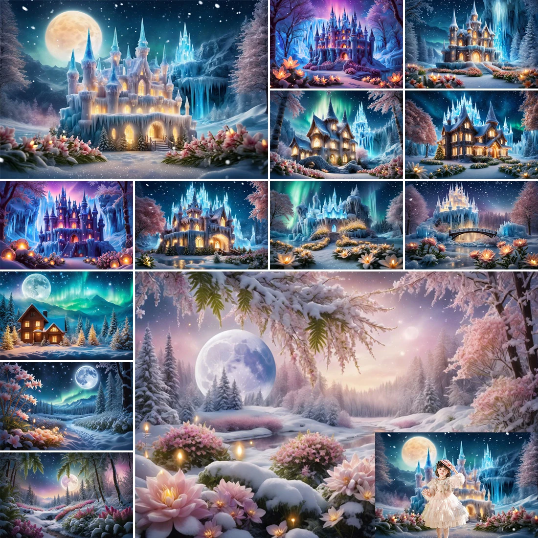 

MOON.QG Princess Castle Snow Backdrop Fairy Flower Baby Cake Smash Frozen Birthday Photography Background Palace Birthday