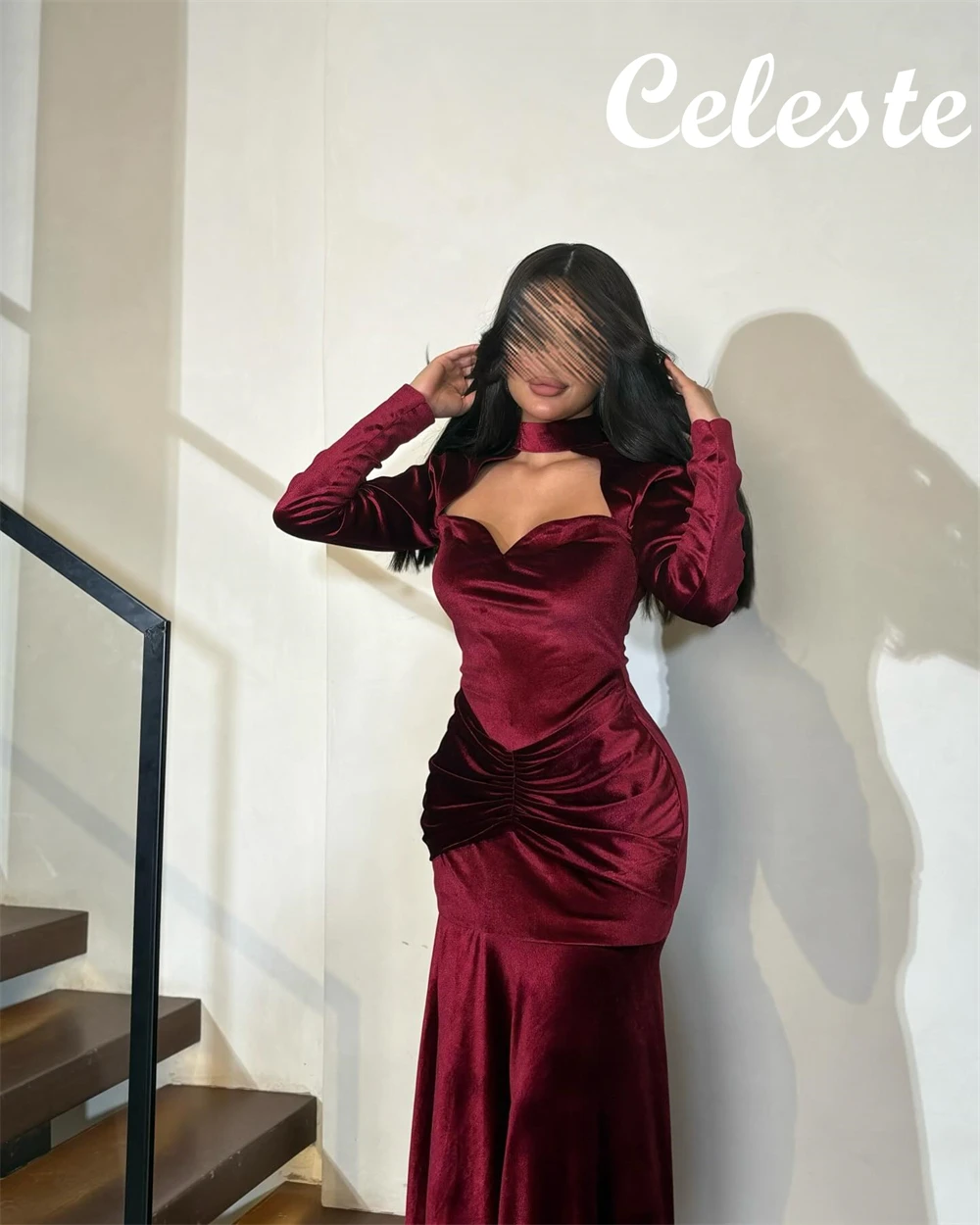 Customized Elegant Burgundy Velour Evening Dresses Fashion Sweetheart Long Sleeves Homecoming Dresses Exquisite Prom Dress