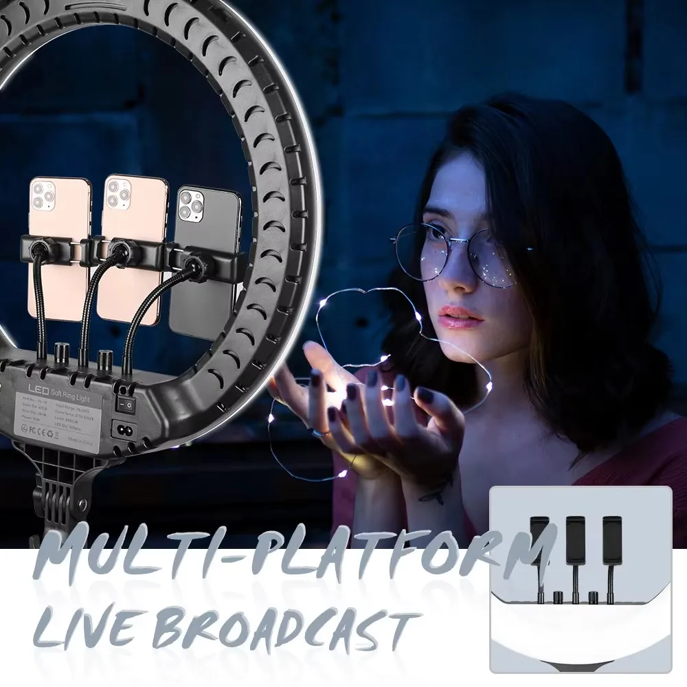 18 بوصة حلقة ضوء LED كبير صورة شخصية فيديو التحكم عن بعد حامل ثلاثي القوائم مشبك الهاتف يوتيوب الإضاءة المباشرة استوديو التصوير الفوتوغرافي