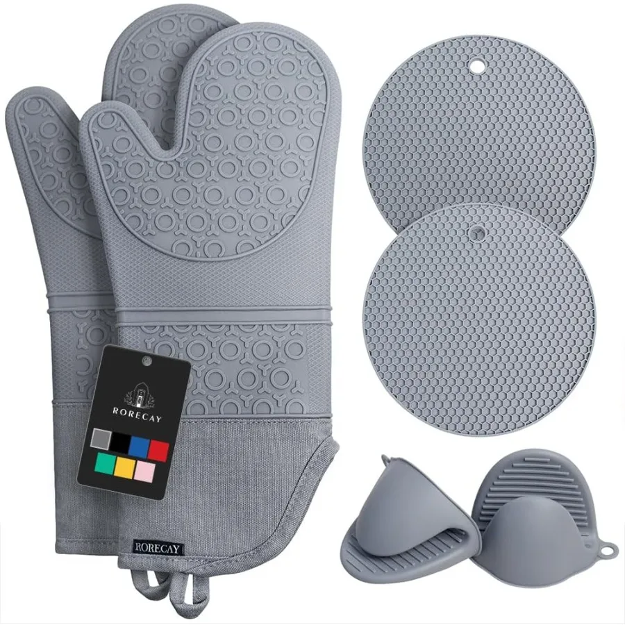 

6pcs Oven Mitts and Pot Holders Sets for Kitchen Extra Long Silicone Oven Gloves High Heat Resistant up to 500 Degrees NonSlip