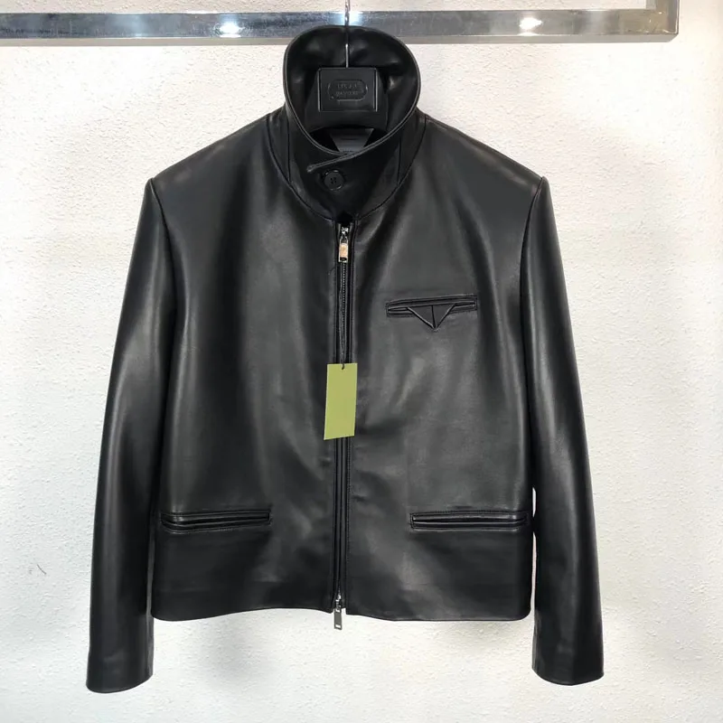 Men Coat Spring And Autumn Short Length 2023 New Arrival Genuine Leather Jacket Turn-Down Collar Triangulation