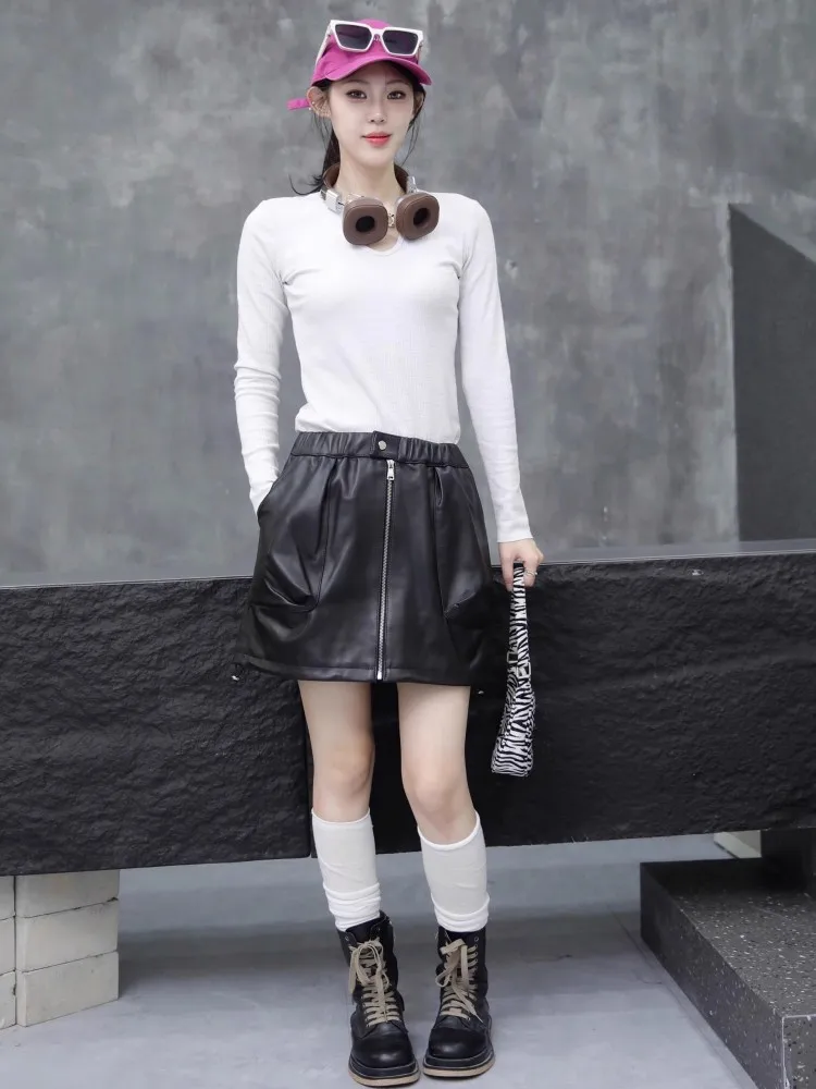 Casual Women Elastic Waist Genuine Leather Skirt 4XL Zipper Streetwear Fashion A Line Skirts Ladies Autumn Black Sheepskin Skirt