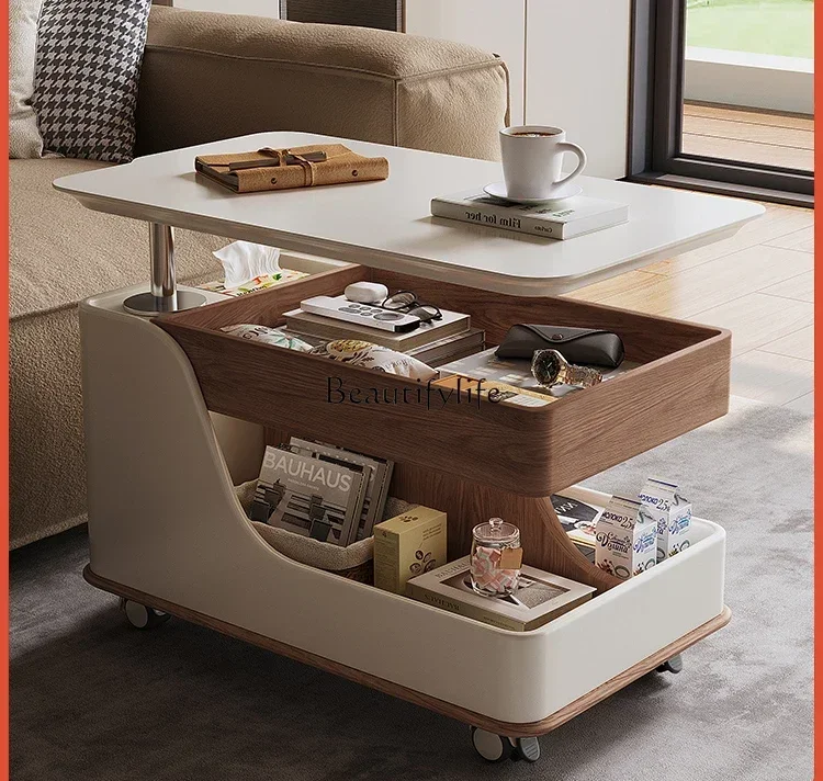 

Multifunctional mobile trolley side few with wheels light luxury high-end rock slab coffee table can be lifted and lowered