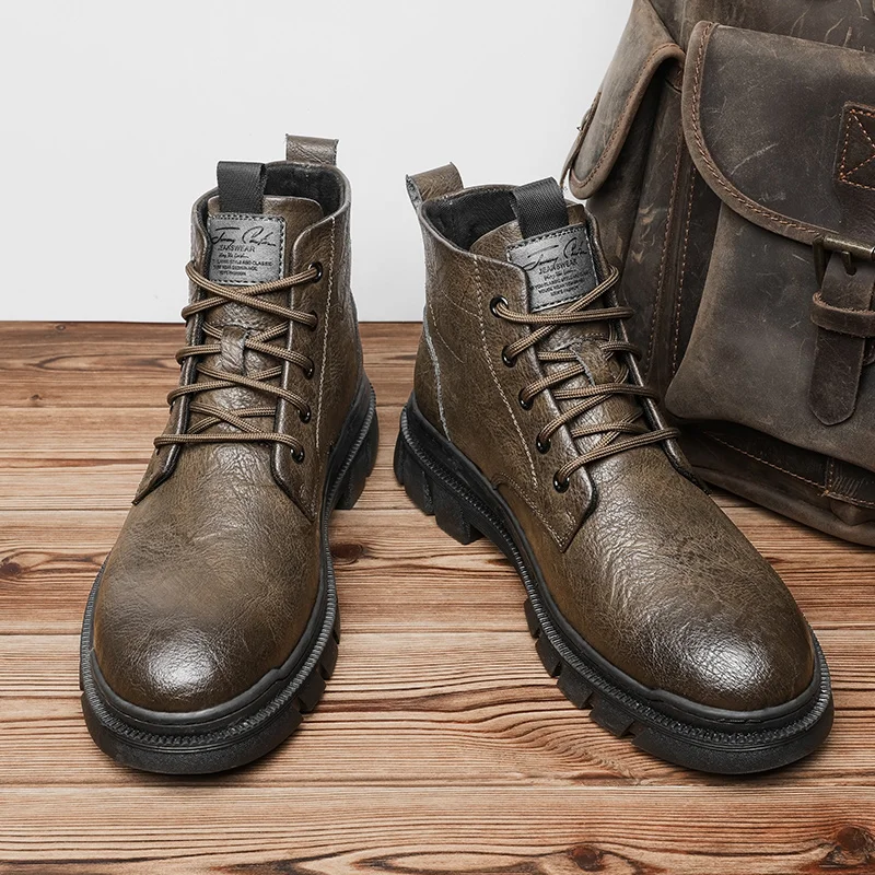 

New 2025 Boots Men High Top High Quality Women Leather Shoes Fashion Outdoor Sneakers Men Lace Up Non-Slip Ankle Boots