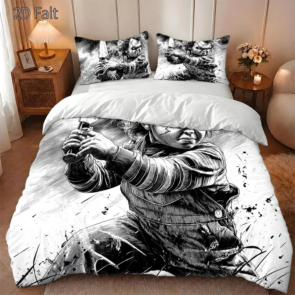 3-Piece Quilt Cover Set, 1 Quilt Cover + 2 Pillowcases (Without Filling) 2D Flat Printing, Three-Piece Quilt Cover Set, Horror Doll Theme Pattern, Dark Art Style, Halloween, Suitable for All Seasons, Machine Washable, Invisible Zipper, Large Quilt Cover Set, Bedding Set, Skin-Friendly, Breathable, Soft and Comfortable, Does Not Fade or Pill, Suitable for Home/Dormitory/Master Bedroom/Guest Room