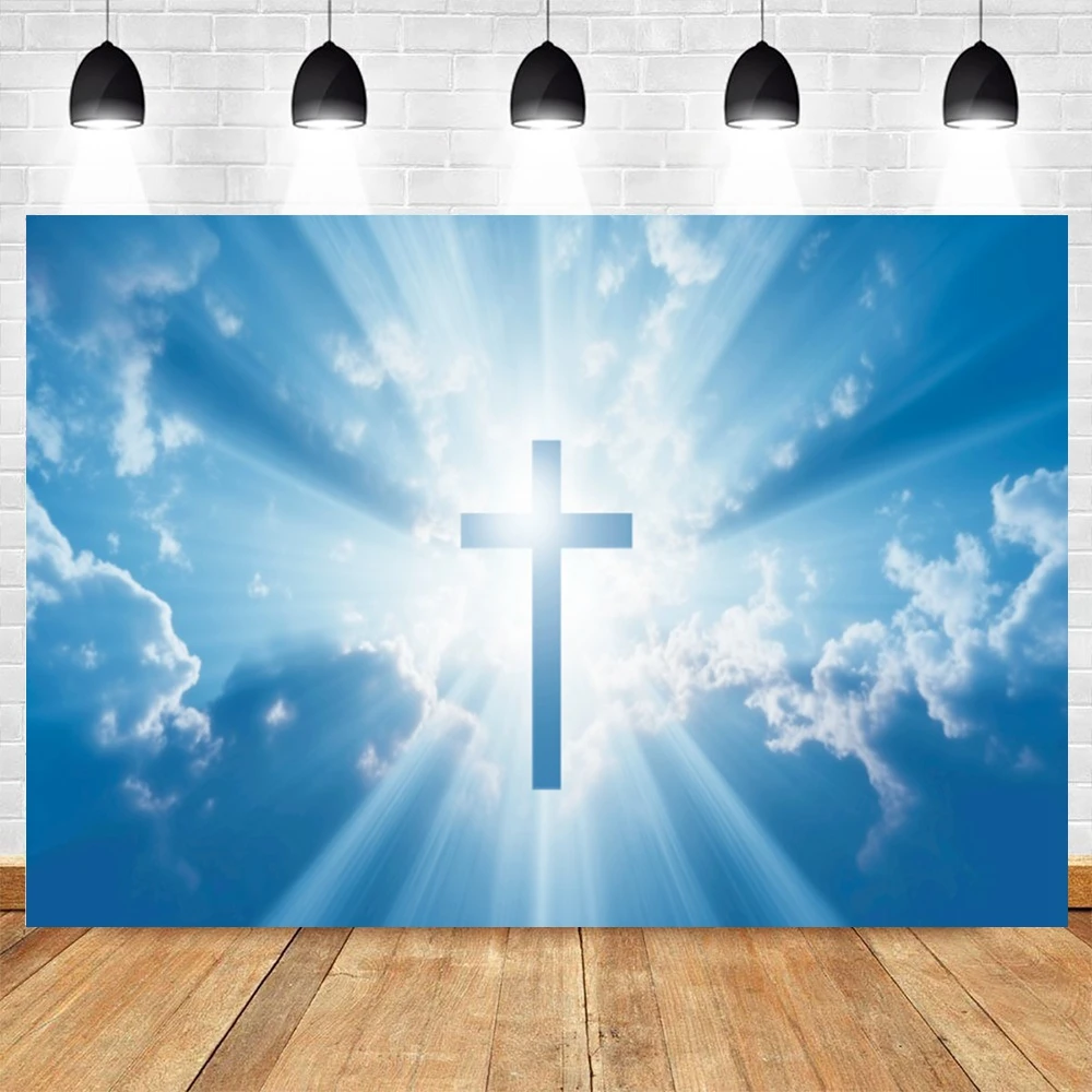 Christian Cross ฉากหลังเมฆสีขาว Blue Sky God Bless Holy Spirit อีสเตอร์พระเยซูบันไดสู่สวรรค์การถ่ายภาพพื้นหลังภาพ