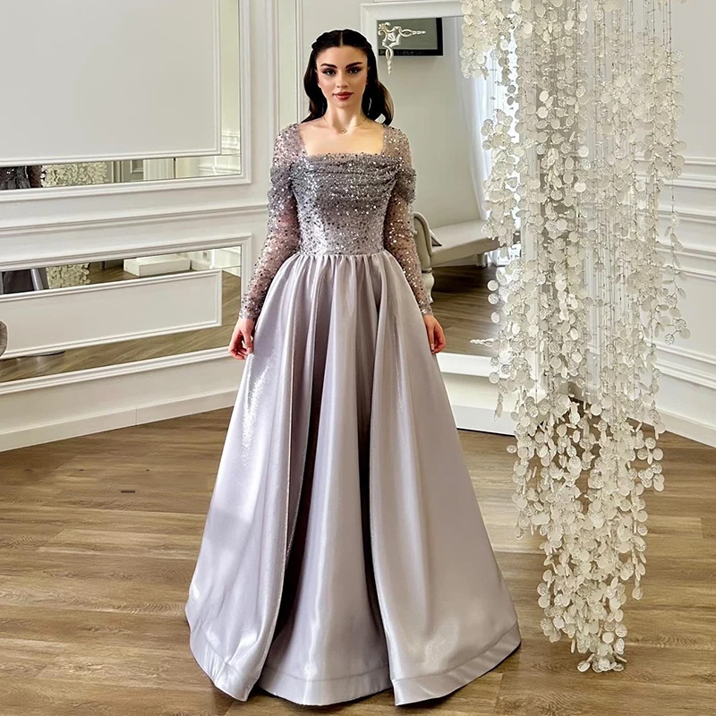 

Thinyfull Formal A-Line Prom Evening Dresses Long Sleeve Sequines Satin Party Dress Women Cocktail Prom Gowns Saudi Arabia Dubai