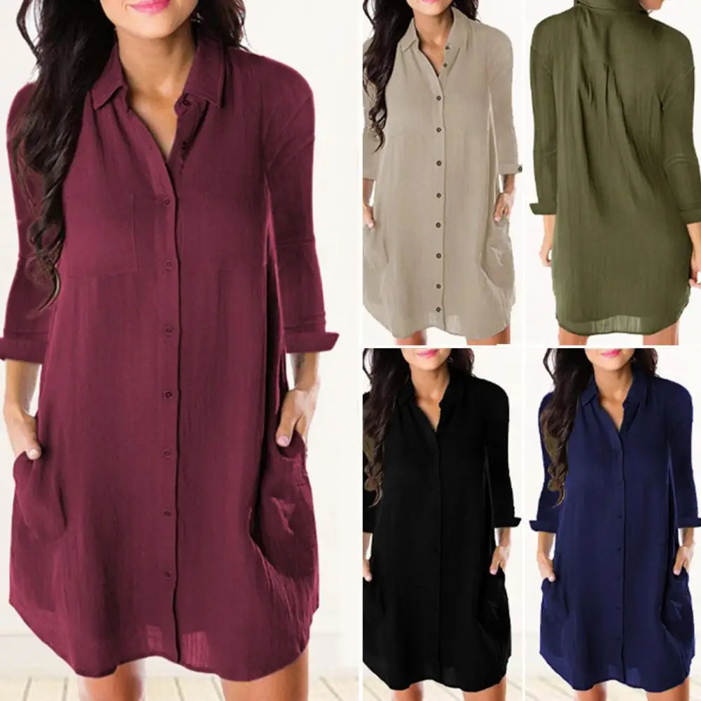 

Turn-down Collar Single Breasted Pocket Casual Long Sleeve Shirt Dress Turn Down Office Lady Shirt Dresses Loose Cardigan Tops