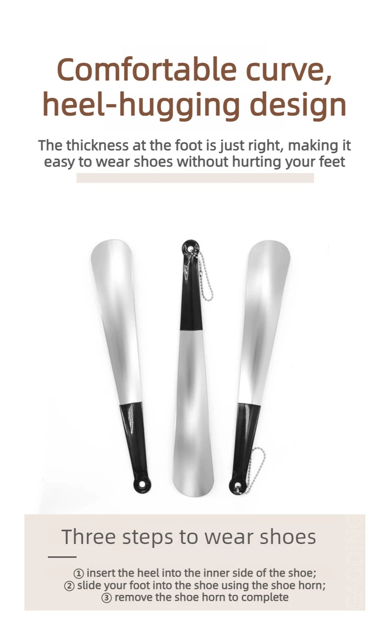 Einfacher Schuhanzieher aus Edelstahl: Slip-on-Schuhe beim Stehen. Kein Biegen. Easy-Grip mit Loch zum Aufhängen. Passend für alle Schuhe. – Detail 6