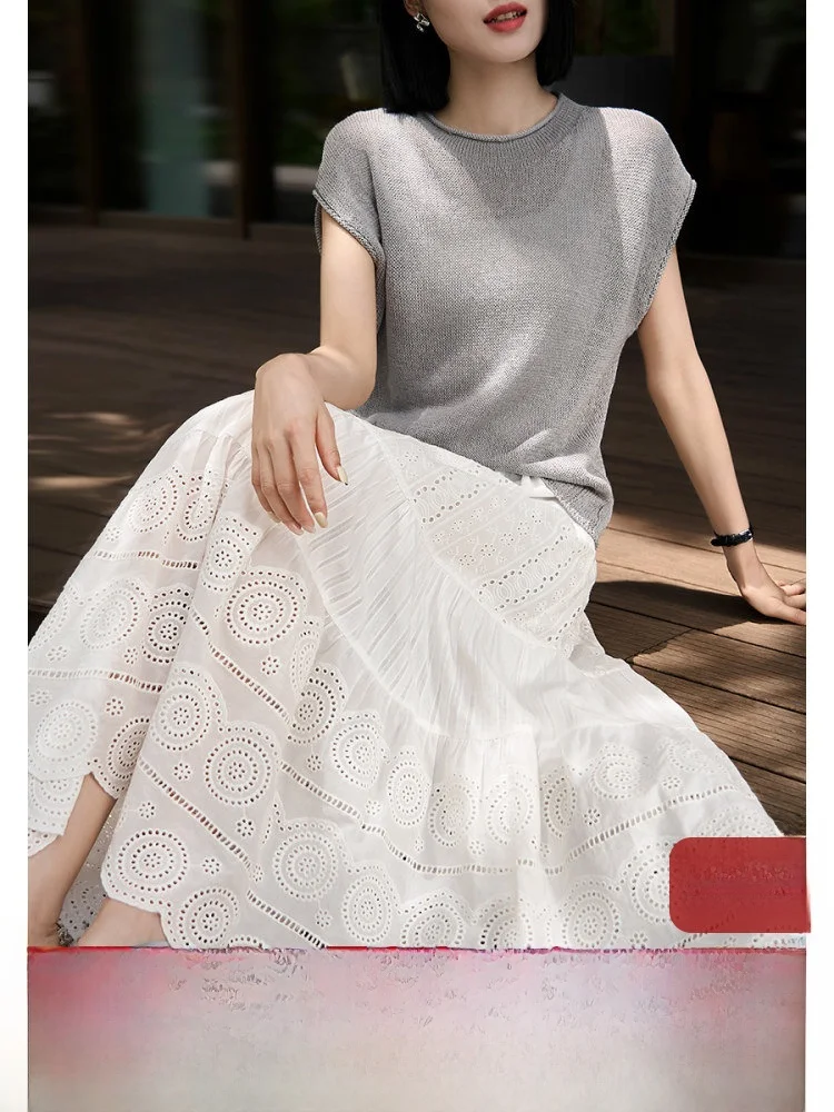 

Boho Heavy Embroidery Hollow out Loose A-Line Cake Skirt High Waist Cotton Baking Skirt Cloudscape Tower Skirt OL Sle