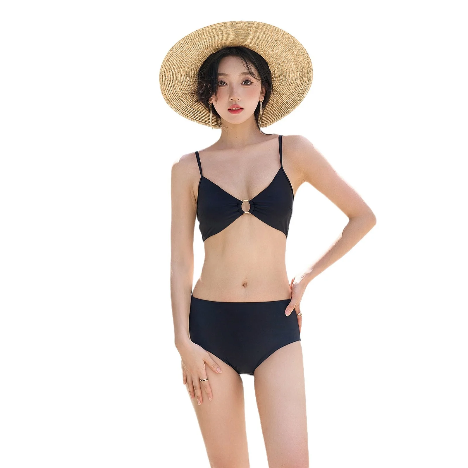 New 4 Pieces Set Swimsuit Women Black Swimwear Sexy High Waist Bikini with Skirts Long Sleeve Cover Up Beach Bathing Suit Korean