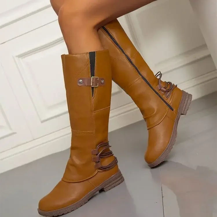 Otoño Invierno 2024 muslo alto mujer cuero tacón cuadrado cremallera bota mantener caliente zapatos redondos mujer botas zapatos para mujer