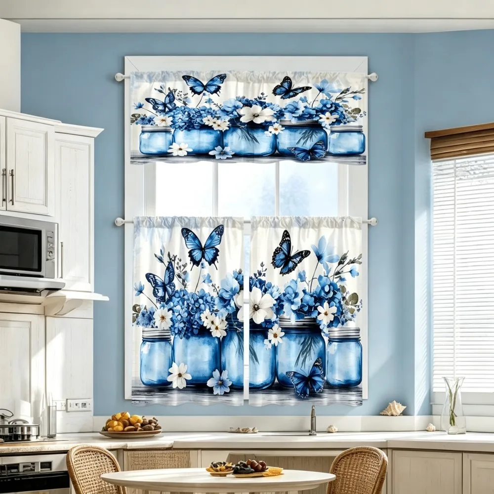 Floral Kitchen Curtains, Blue Jar Hydrangea Butterfly, Digital Print, Kitchen Dining Room, Rod Pocket Polyester, Home Decor