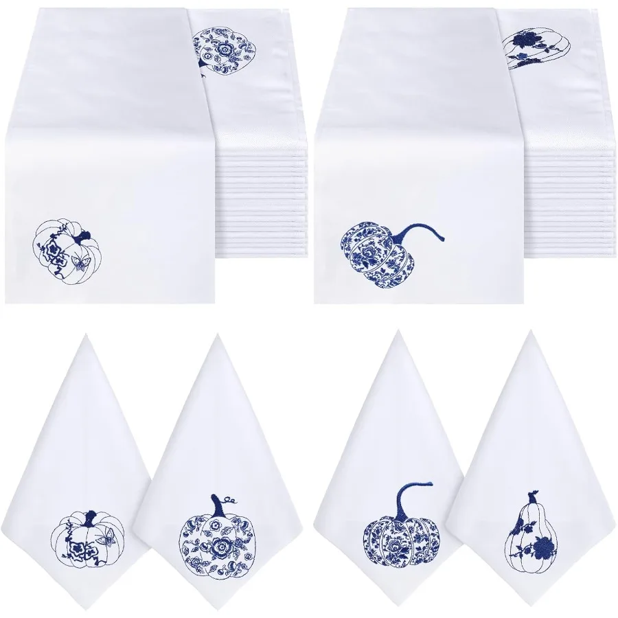

12 Pcs Fall Halloween Pumpkin Chinoiserie Cloth Napkins 17x17 Inch 100% Cotton Blue Thanksgiving Embroidered Soft Dinner Table