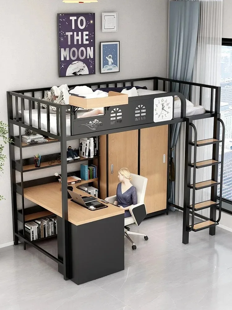Black and white Children's bed Desk integrated shelf bed Combined wardrobe Interlaced overhead bed