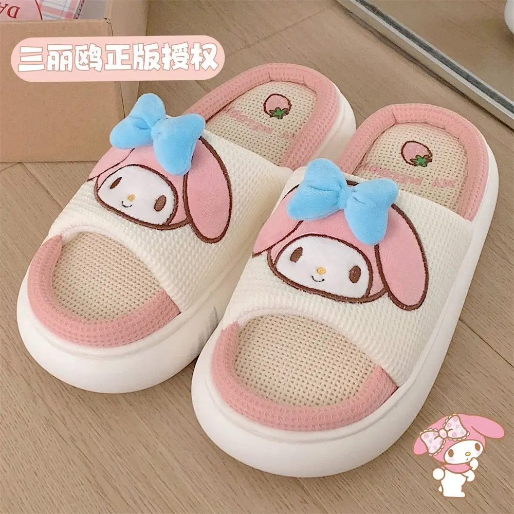 Sanrio Keroppi Mymelody Hellokitty Purin Cute Four Seasons Indoor Slippers Soft Thick Sole Sweat-Absorbing Linen Slippers Female