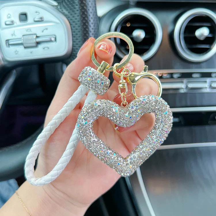 Creative Hollow out Ceramic Clay Full Diamond Love Key Chain Leather Rope Sticking Water Diamond Car Key Pendant Simple