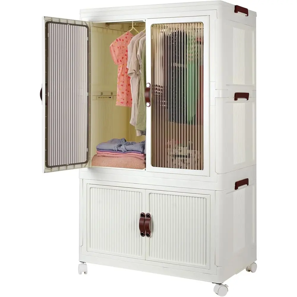 Stackable Closet Storage Bins, Collapsible Clothes Organizers, Portable Wardrobe Closet with Lids and Do, Movable Clothes Storag