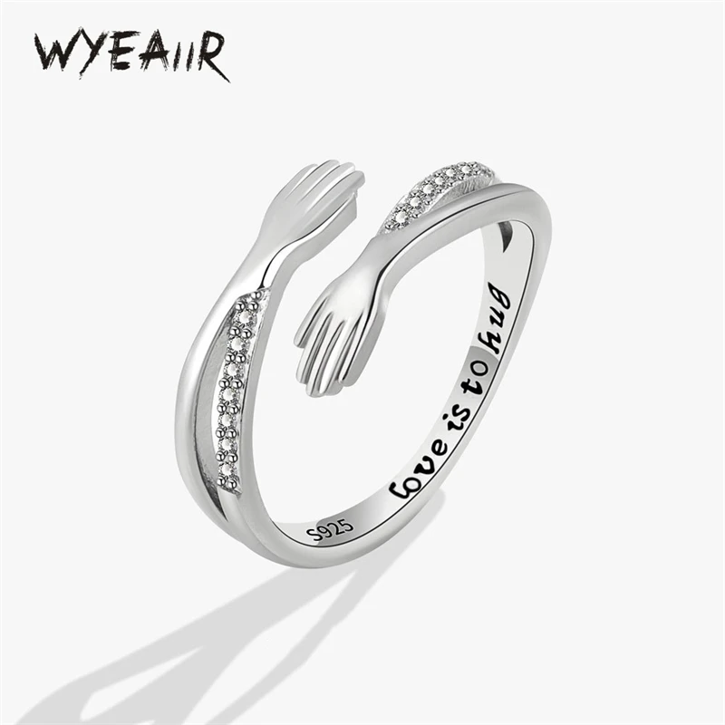 WYEAIIR Romantic Embrace Zircon Inlay 925 Sterling Silver Resizable Opening Ring For Women Luxury Jewelry