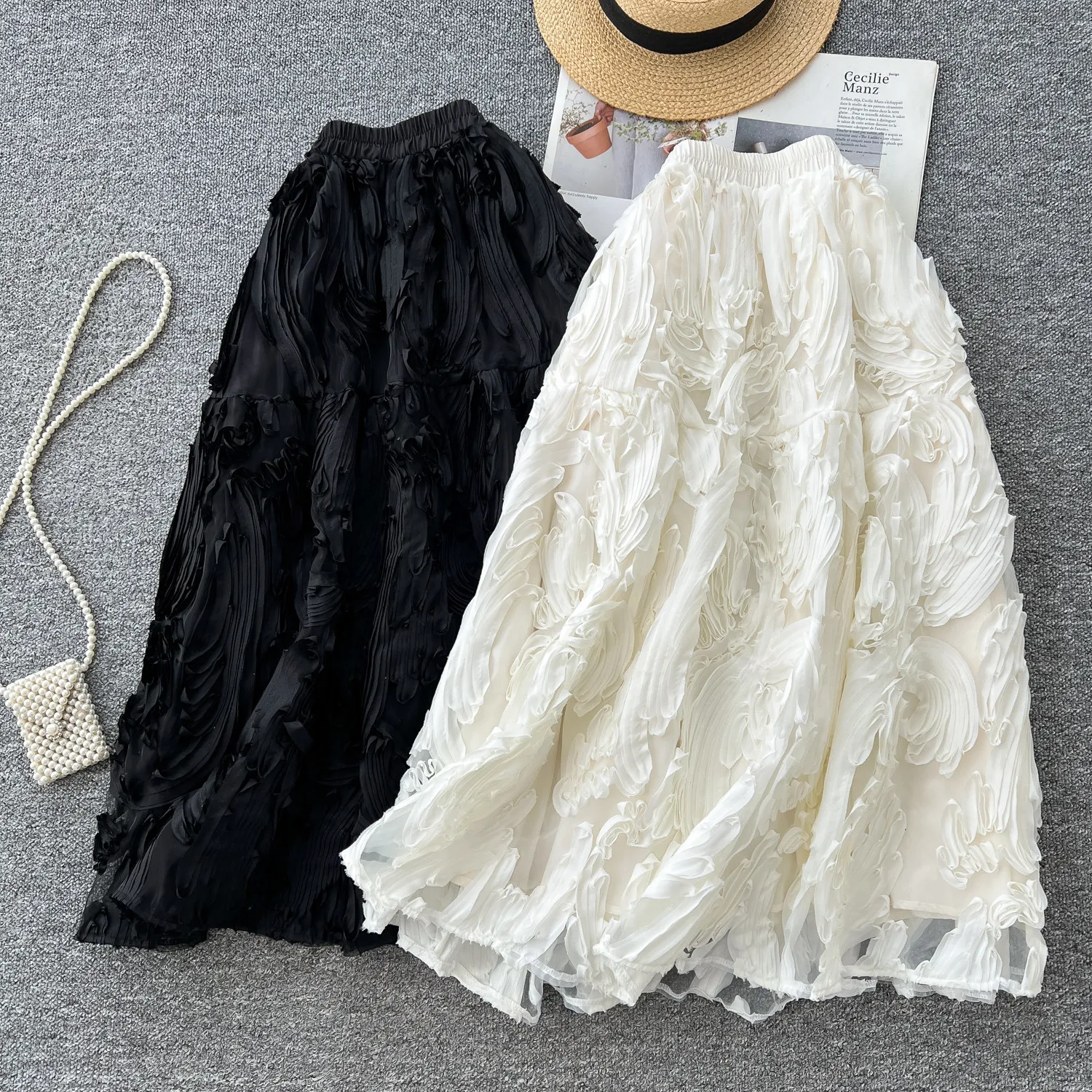 French Style Retro Three-Dimensional Flower High Waisted Skirt Women Versatile A-Line Fluffy Skirt Elegant Length Umbrella Skirt