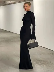Elegant Black Back Hollow Out Maxi Dress Women Half High Collar Flare Long Sleeve Bodycon Dresses Lady Chic Banquet Evening Robe