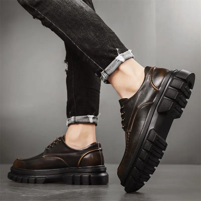 

2025 Autumn New Men's Business Leather Trendy Versatile Casual Platform Big Head Derdy Shoes
