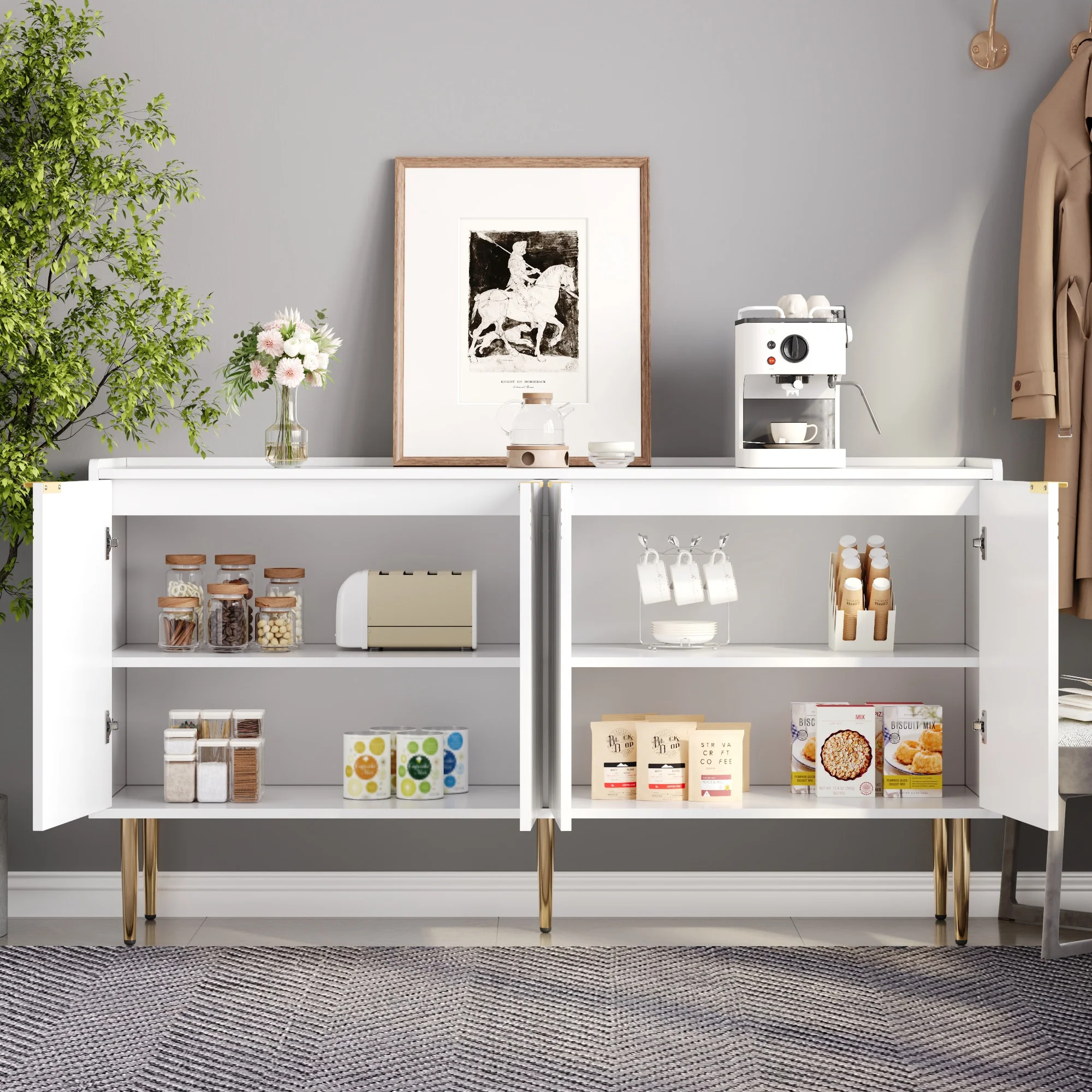 Buffet blanc moderne avec accents dorés, portes courbes embossées, armoire de rangement à 4 portes avec étagères réglables, meuble buffet pour salon, chambre, couloir, design élégant et luxueux