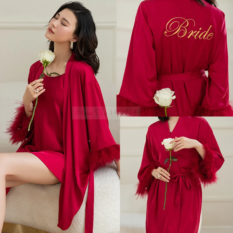 Feather Embroidery Robe&Nightgown Set Bride Bridesmaid Wedding Nightdress French Style Kimono Bathrobe Casual Rayon Sleepwear