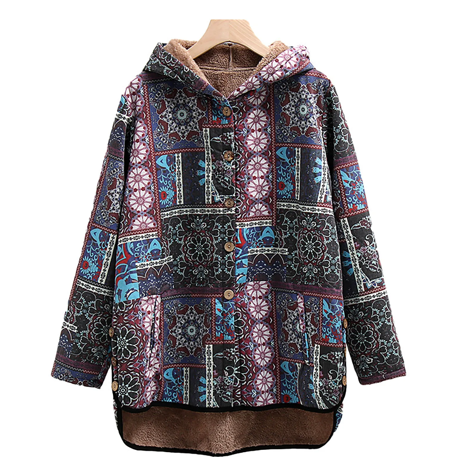 2024 Vintage Women Loose Fleece Hooded Jackets Autumn Ethnic Style Graphic Print Button Up Cardigan Irregular Hem Outwears Coats