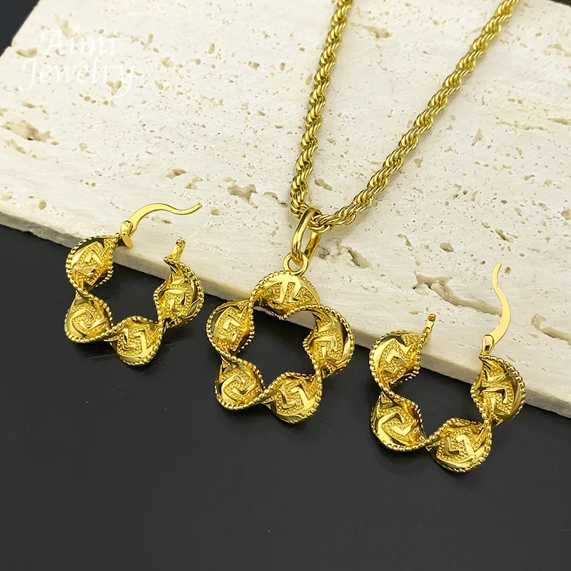 Geometrischer Gedrehter Anhänger mit Kette 18K Vergoldetes Kupfer Schmuckset Ohrringe Halskette Brasilianische Braut Hochzeit Party Geschenke – Detail 2