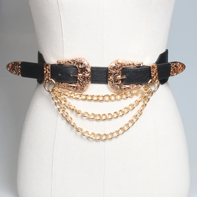 2026 Ladies Gold Chain Elastic Wide Waist Dress Decoration Corset Double Buckle Belts for Women Luxury Designer Brand Punk Rock