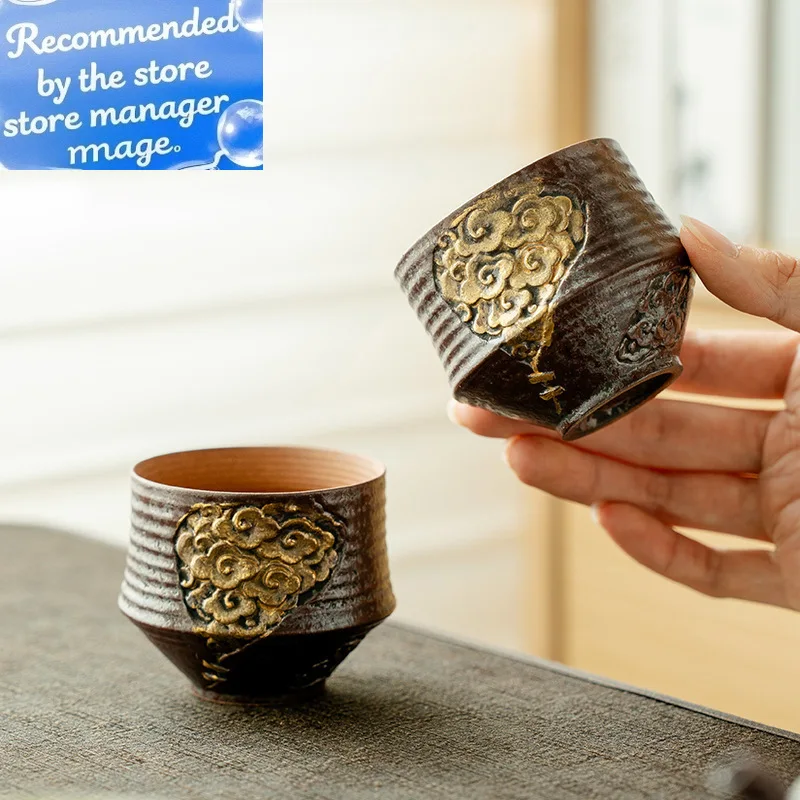 

110ml Retro Old Rock Mud Ceramic Teacup Creative Rust Red Glaze Master Cup Handmade Gold Relief Tea Cup Personal Tasting Chazhan