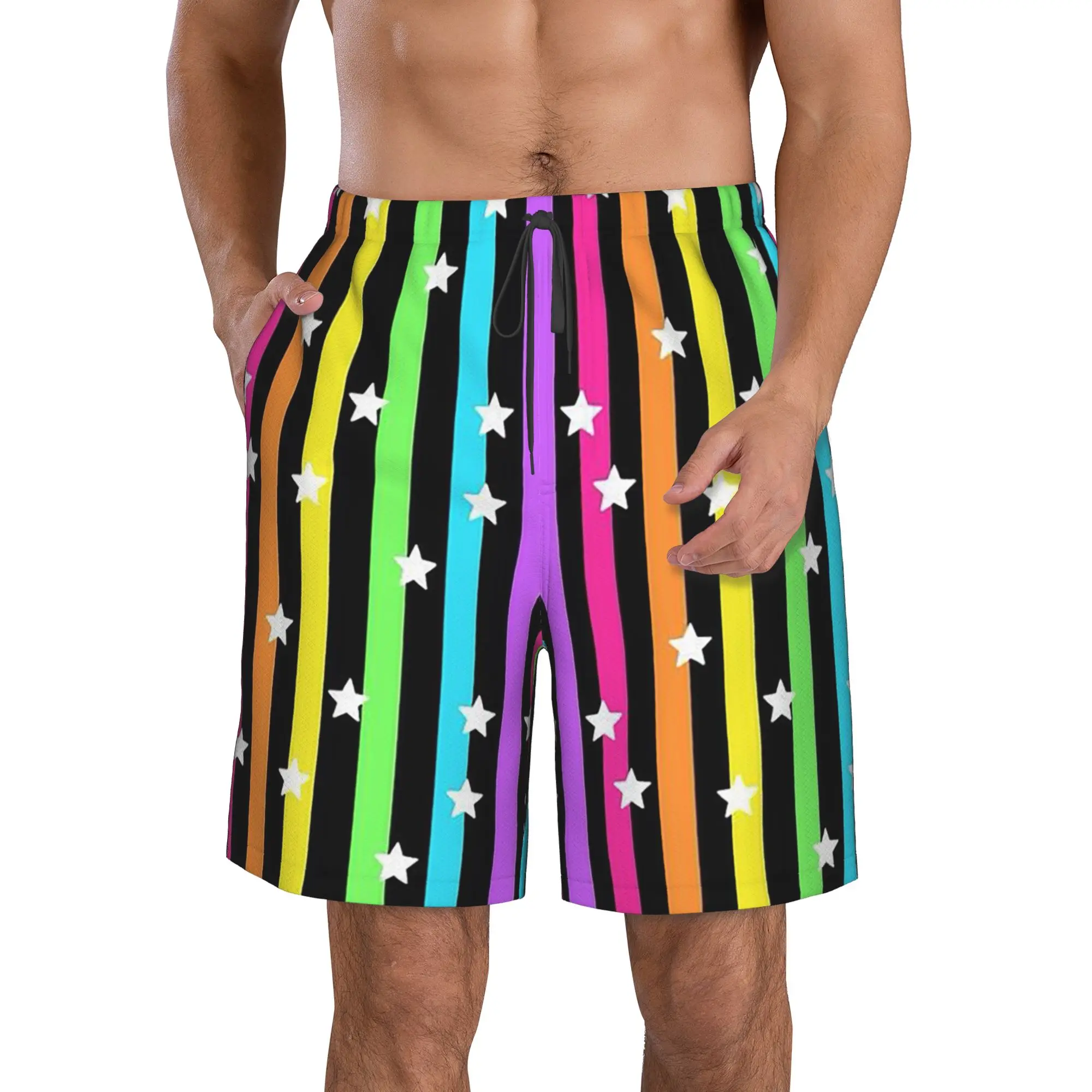 Printed Rainbow Stripes Trunks Beach Board Shorts Casual Quick Dry Swimming Summer Men Pants