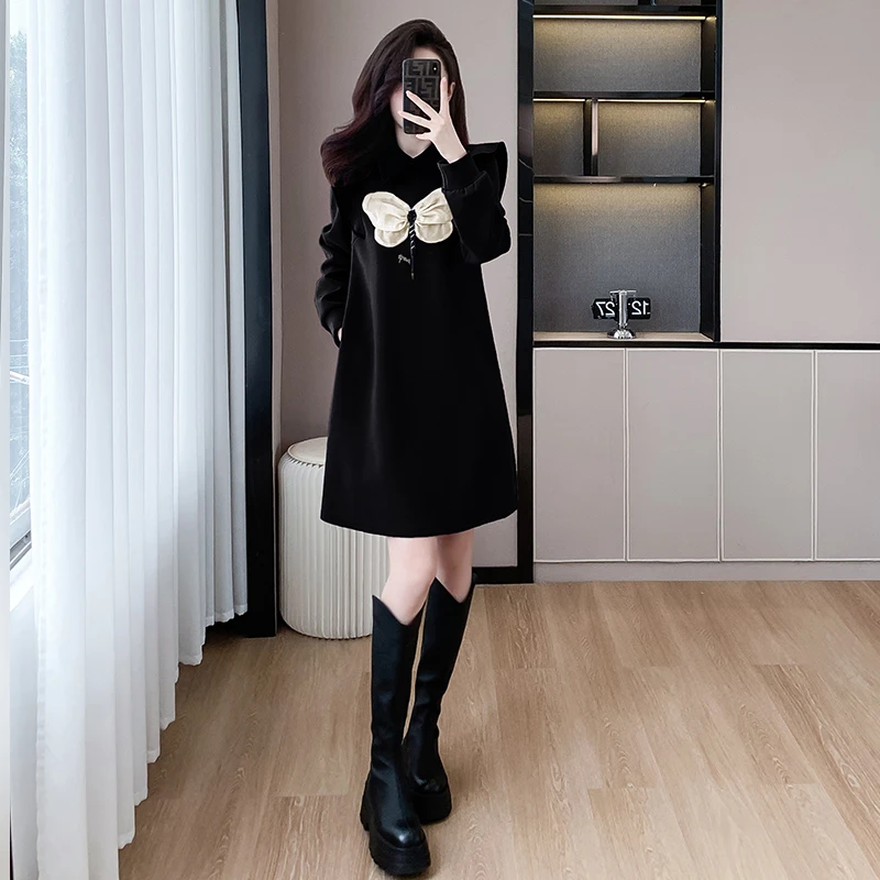 Women Cotton Mini Dresses Female O Neck Long Sleeve Large Size Elegant Autumn Winter 3D Decoration Black Purple Loose Vestidos