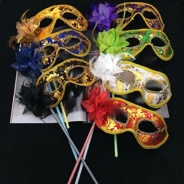 

New Party Masks Gold Cloth Coated Flower Side Venetian Masquerade Party Mask On Stick Carnival Halloween Costume Mix Color Free