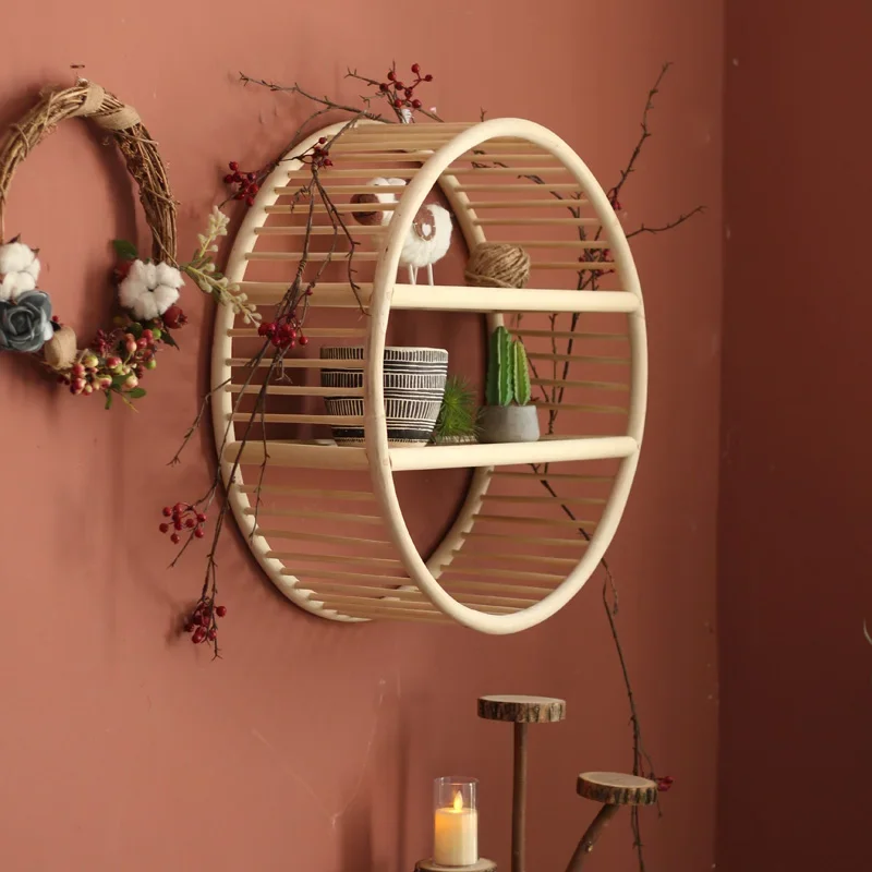 Round Wall Hanging Storage Rack Thickened Wood Multi-functional Items Display Frame Living Room Wall Decoration