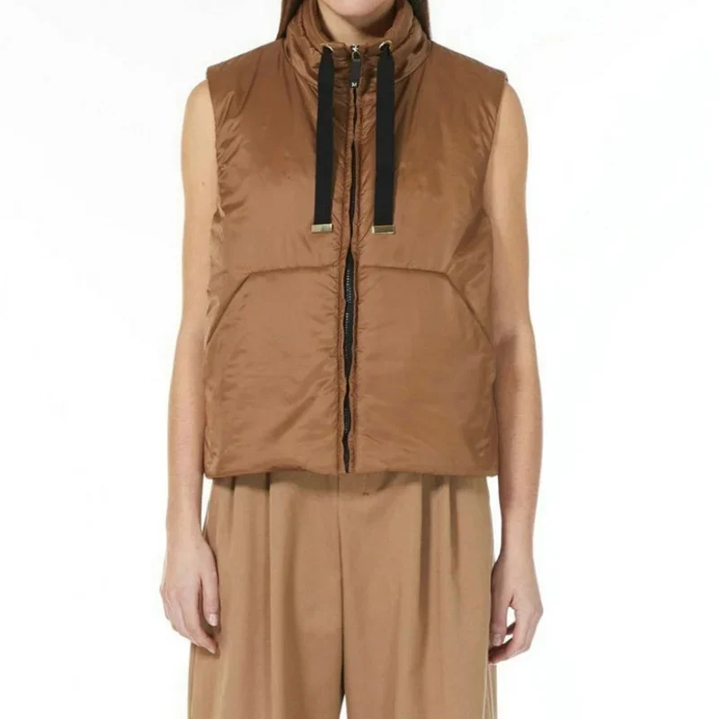 Gilet in piumino cammello di alta qualità da donna 2025 nuovo colletto alla coreana con coulisse alla moda ispessito