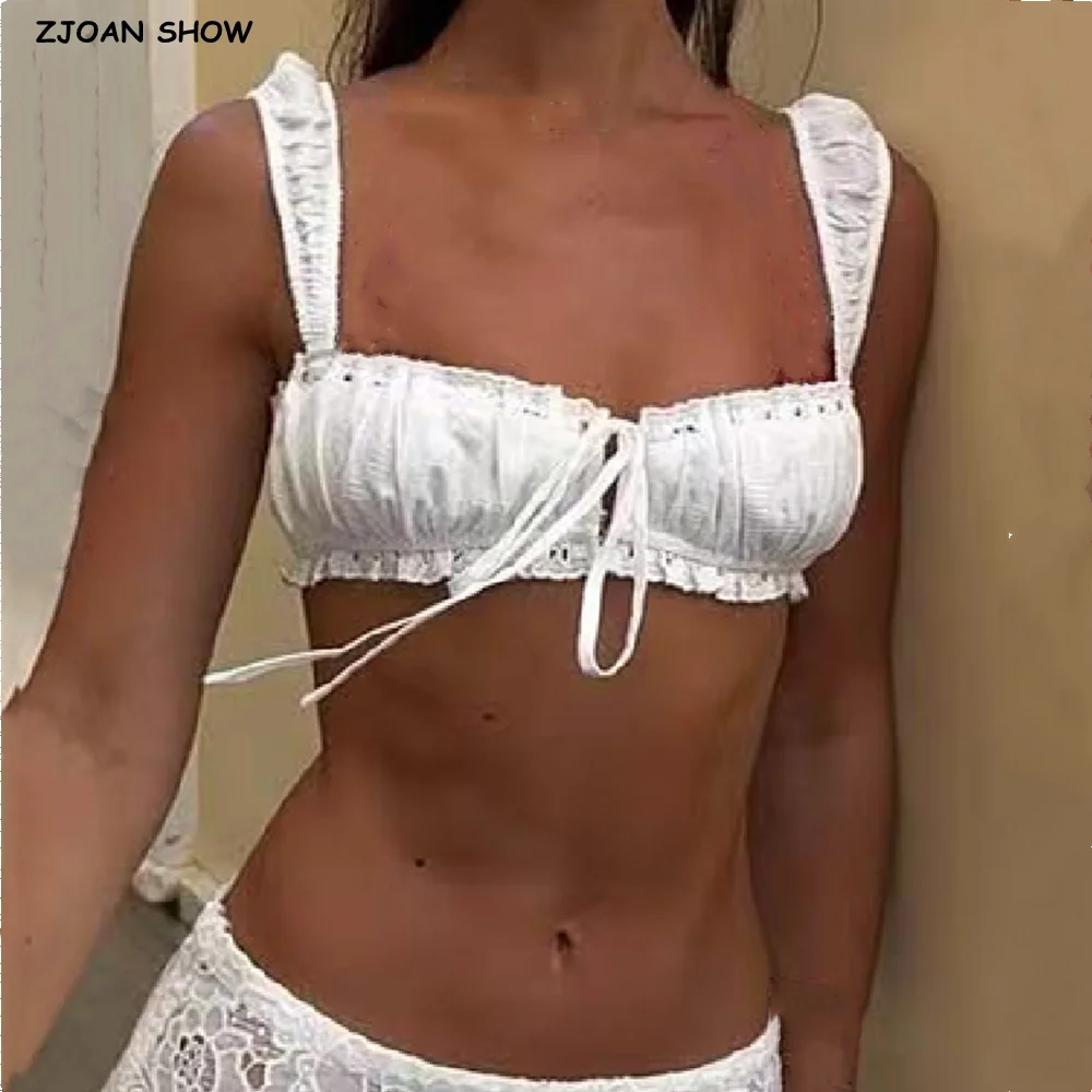 Beach White Lace Bandage Lacing Up Bow Ruched Chest Camisole Sexy Women Elastic Strap Corset Tank Tops Girl Sexy Slim Crop Top