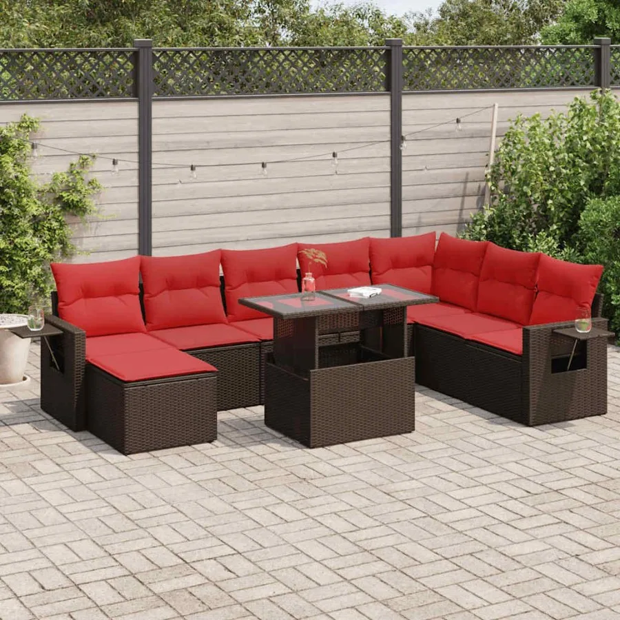 

9 Piece Patio Sofa Set with Cushions Black Poly Rattan Acacia