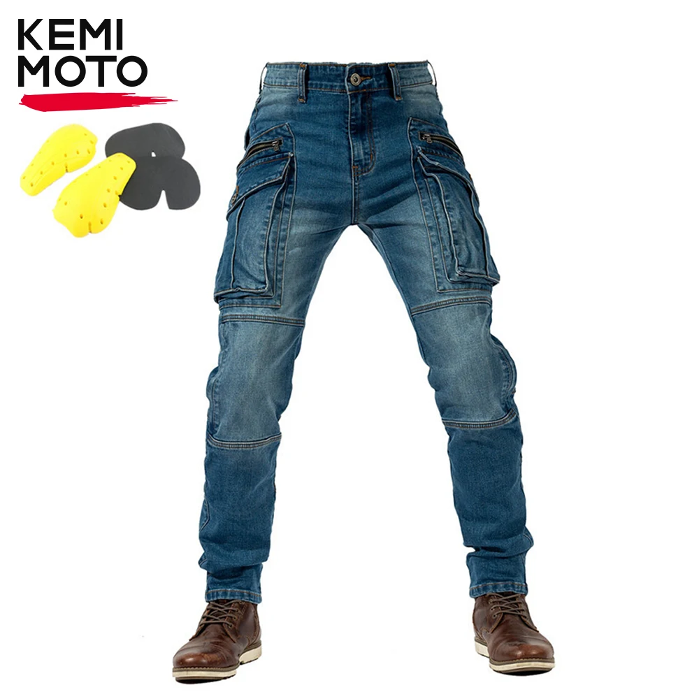 Motorcycle Riding Pants Summer Men\'s Jeans Big Pocket Fall-Resistant Slim Jeans Breathable Four Seasons Black Blue Soft Trousers