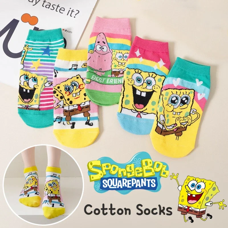 5 Pairs of Womens SpongeBob Socks Set Spring Autumn Women Cute Cartoon Cotton Socks Sports Student Leisure Short Socks Wholesale