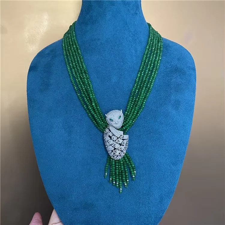 

6 Rows Green Agate necklace and bracelet set with silver plated leopard head Connector