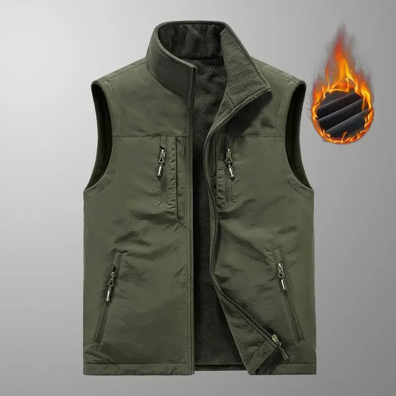 

2023 Men Autumn Winter New Quick-drying Vest Jackets Male Multi-pocket Velvet Waistcoat Men Solid Casual Sleeveless Coat