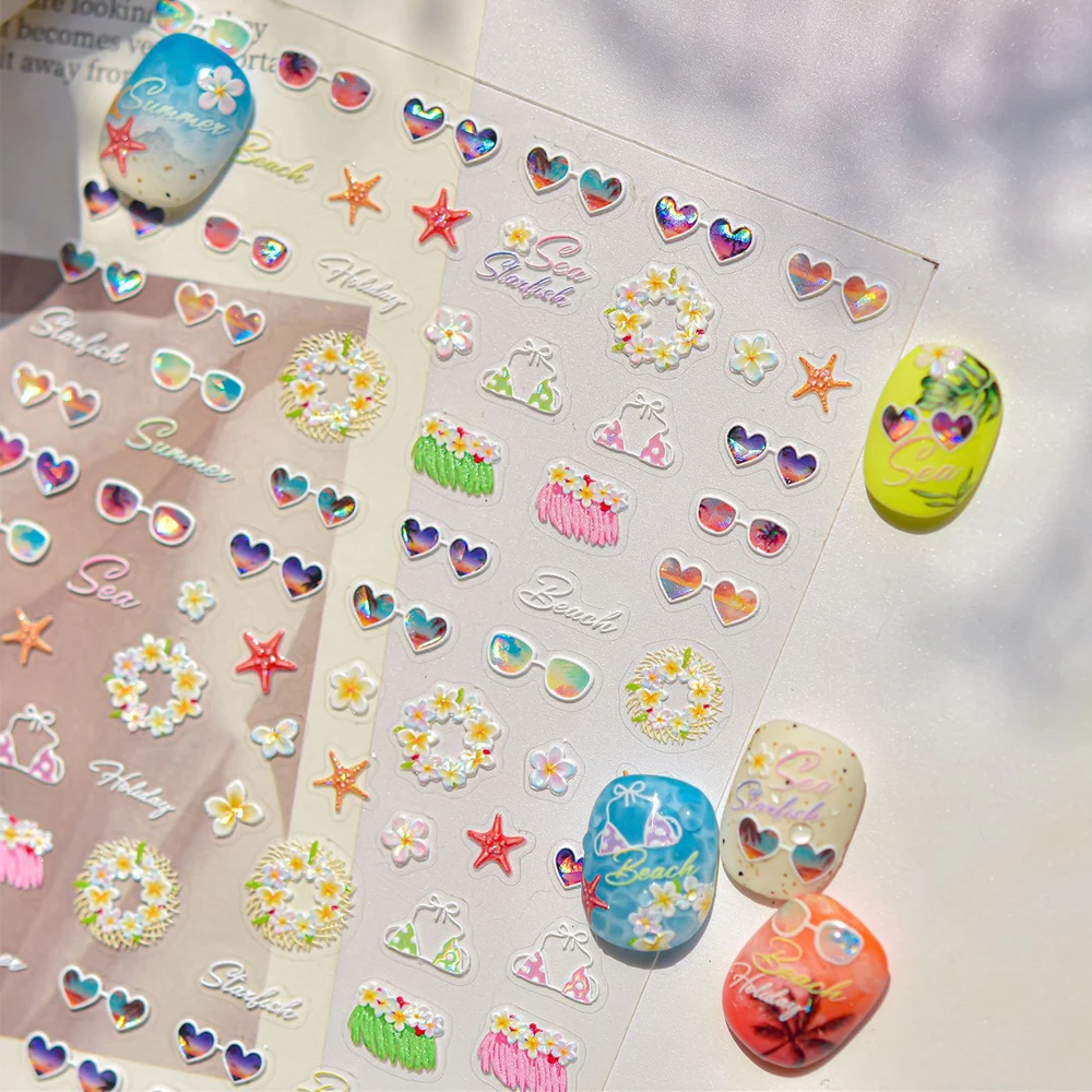 Été plage Vibrant Floral Hula danseurs Sexy Bikini coeur-ombre lunettes océan étoile de mer pétale 5D Nail Art autocollant manucure décalcomanie