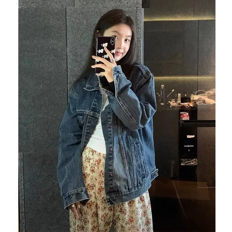 

Women's Lapel Vintage Blue Denim Jacket Spring Autumn Sailor Collar Tops Female Collared Long Sleeves Cowboy Retro Coat