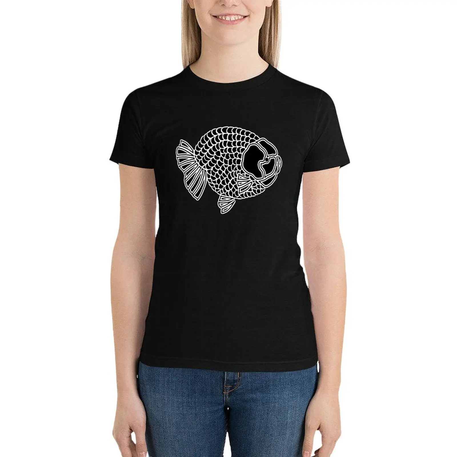 

Ranchu Full Black White lining Goldfish Logo in Black background 0328 A T-Shirt quick drying sweat Women's tee shirt