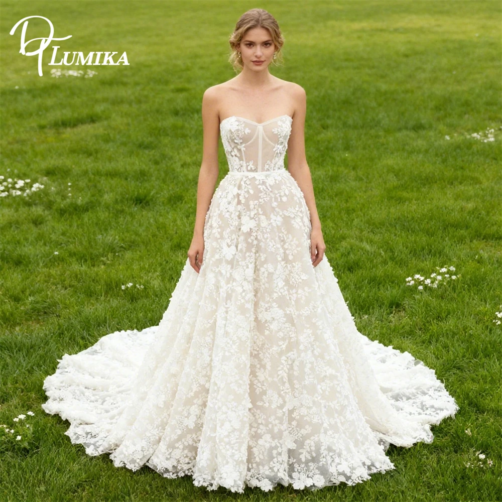

DTLumika Romantic Floral Lace Bridal Gown for Women, Sleeveless A Line Long Bride Dresses, Customized Wedding Gown Ivory White