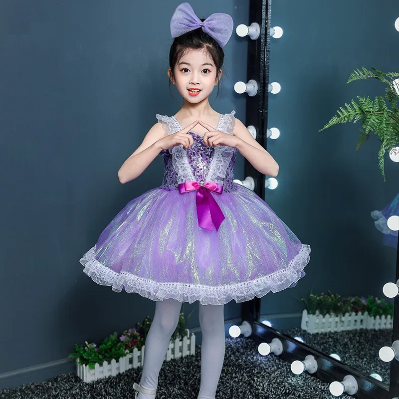 Purple Fluffy Skirt Eco-friendly Sequin Gauze Dress for Child Girls Ballerina Tulle Costume Kindergarten Latin Dancewear Clothes