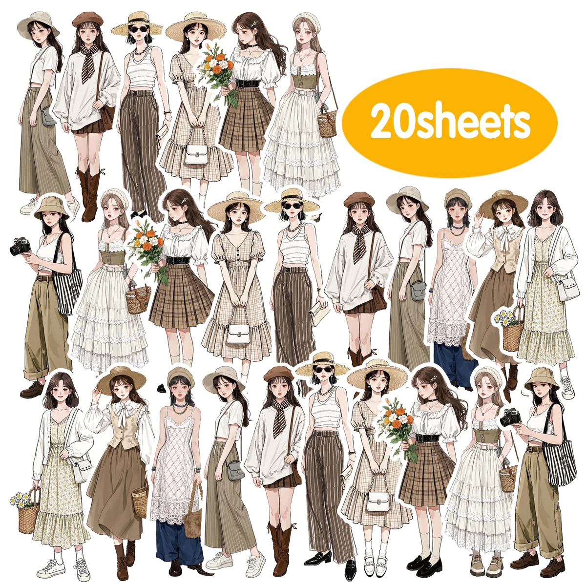 

20pcs of Holiday Girl Ins Outfit Pattern Stickers for Diy Decor Laptop Luggage Fridge Album Stationery Supplies Stickers Pack